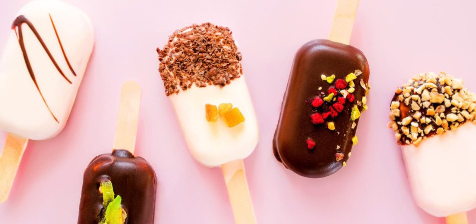 Five ice cream popsicles from a dessert shop in Anaheim, California.