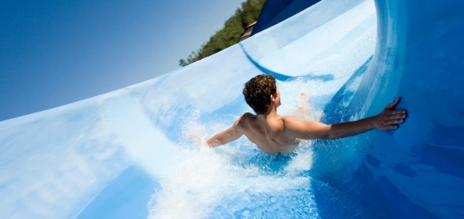 A boy on a water park slide at Silver Dollar City in Branson, Missouri.