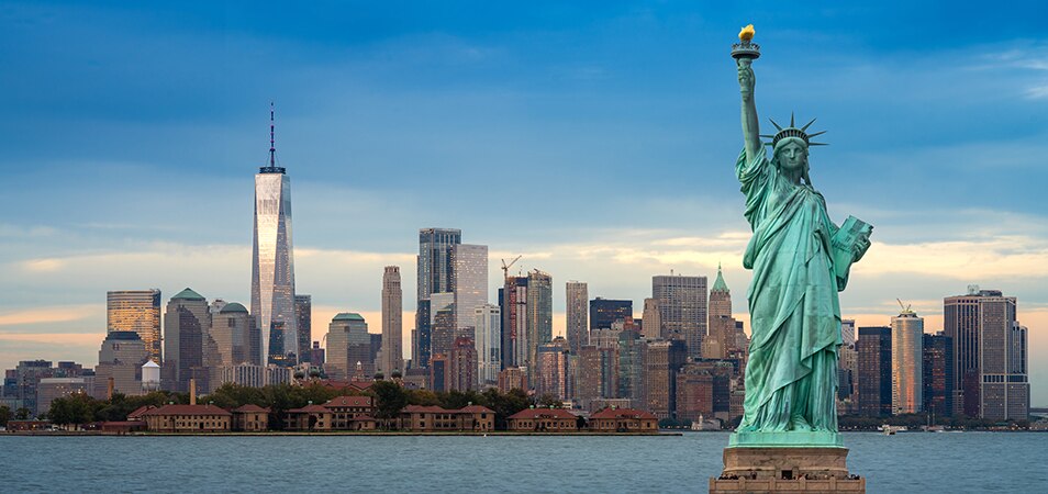 The city skyline and Statue of Liberty in New York, New York.