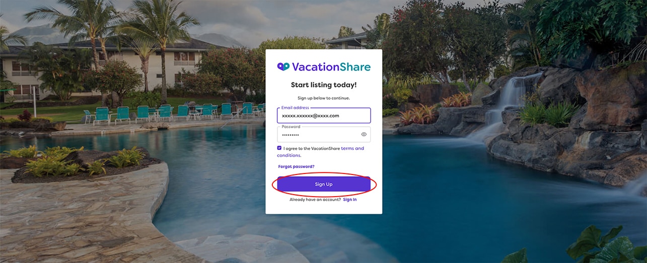 The first page of the VacationShare online registration form.