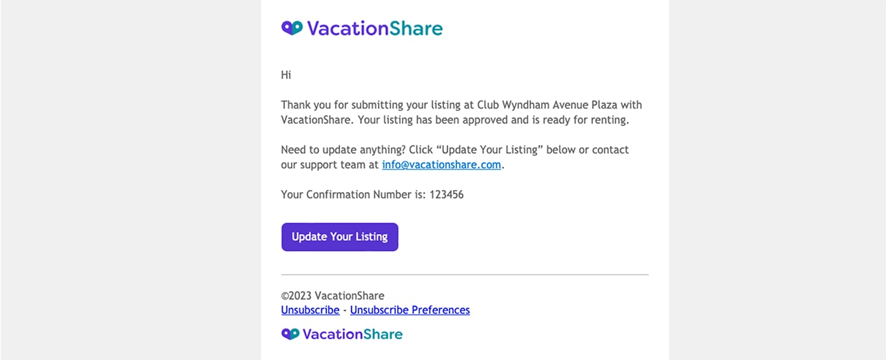 Email from VacationShare with account activation information.