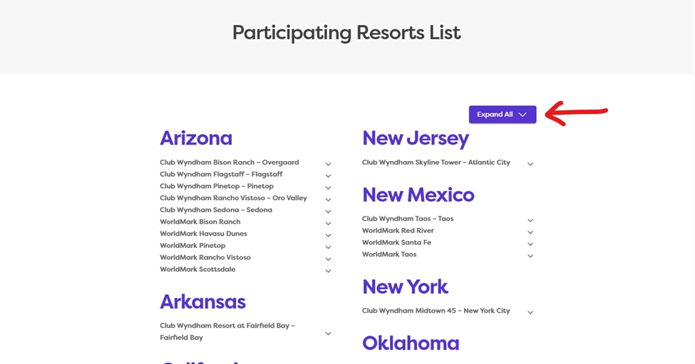 participating resorts list closed accordion