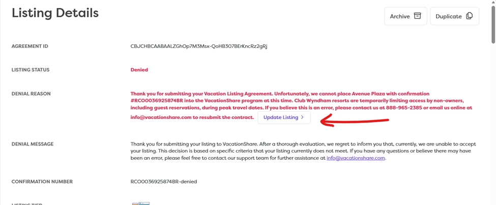 denial explanation with update option
