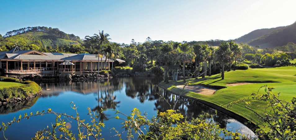 A beautiful landscape view of the water, golf course, and resort, Club Wyndham Coffs Harbour Terrace. 