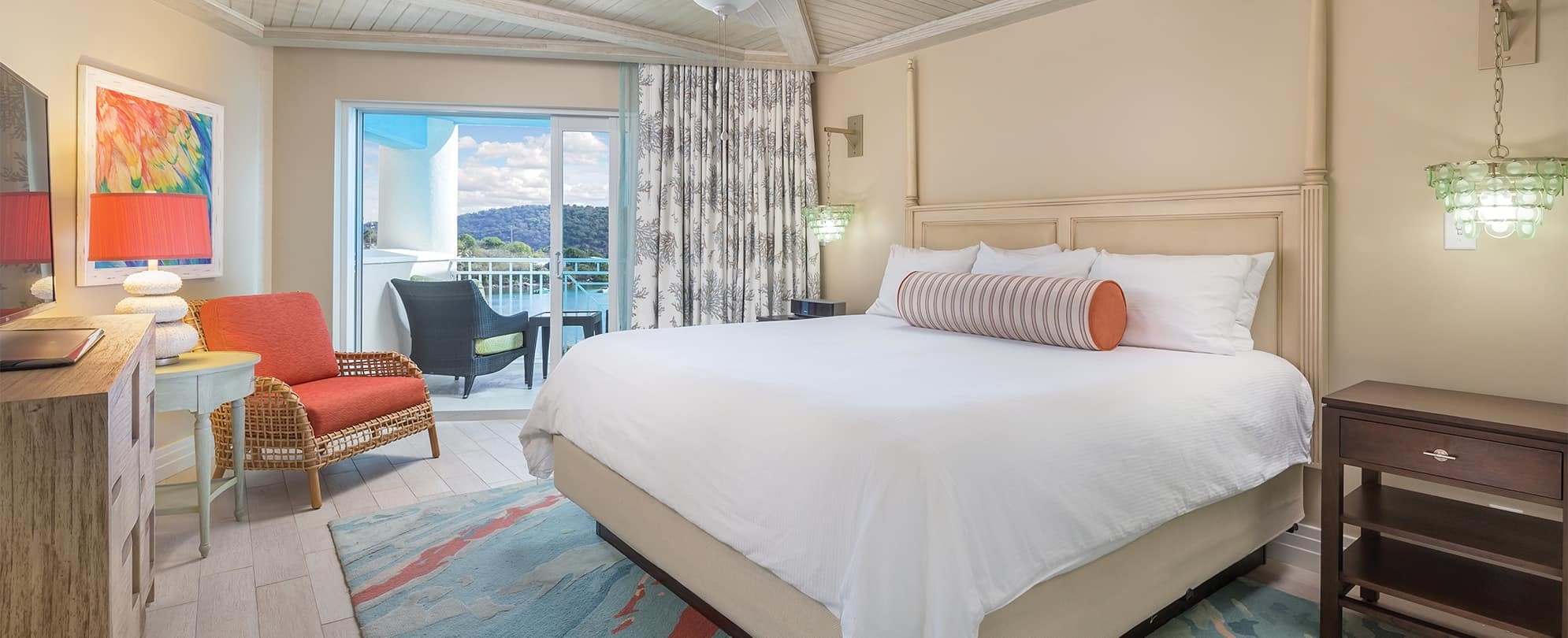 Oceanfront bedroom of a Presidential Reserve suite at Margaritaville Vacation Club by Wyndham - St. Thomas.