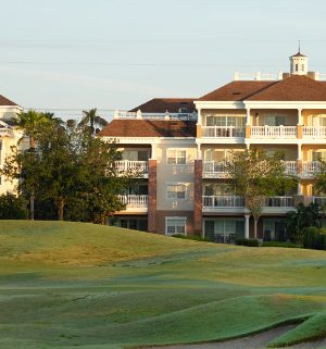 The outside of WorldMark Reunion and Club Wyndham Reunion resort from the golf course.