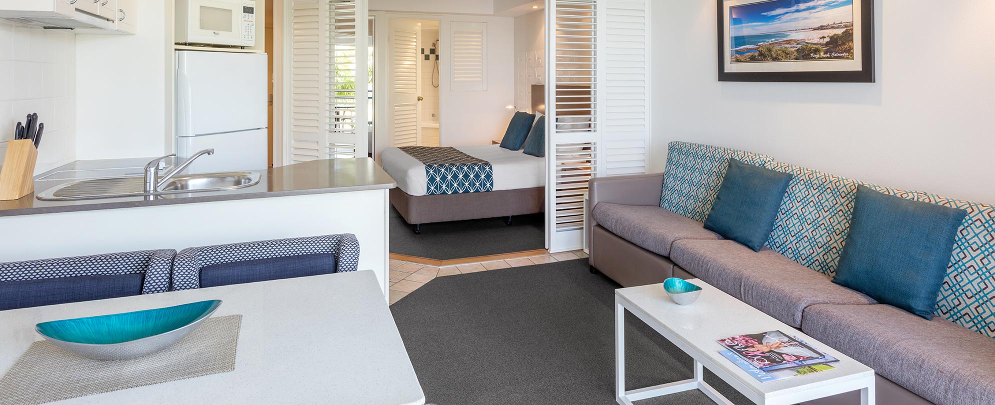 The dining, living, kitchen and bedroom are in a 1-bedroom suite at Club Wyndham Golden Beach.