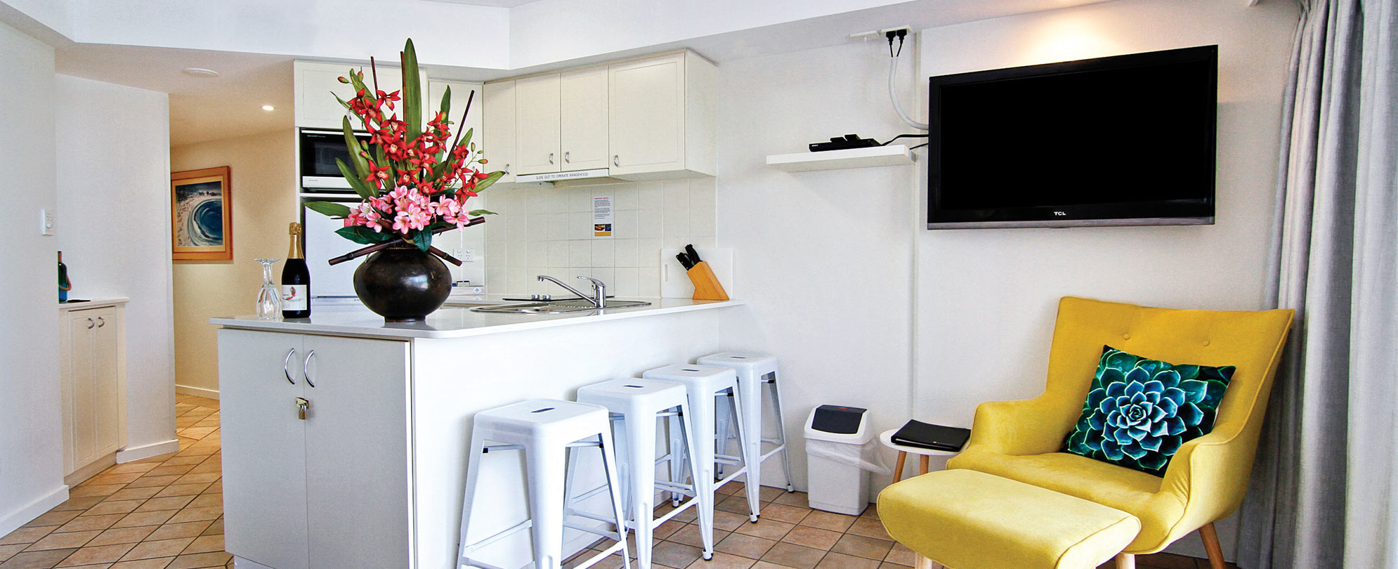 The kitchen area in a 1-bedroom suite at Club Wyndham Golden Beach.