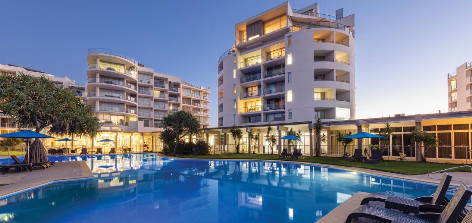 The pool and exterior of Club Wyndham Marcoola Beach, a timeshare resort in Marcoola, Queensland.