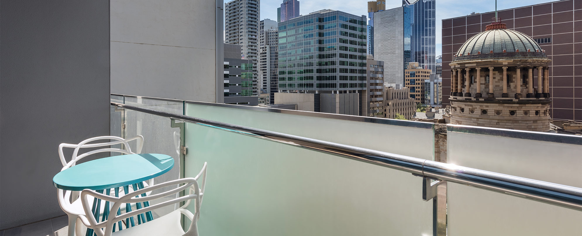 A balcony with a view from the deluxe suite at Club Wyndham Melbourne.