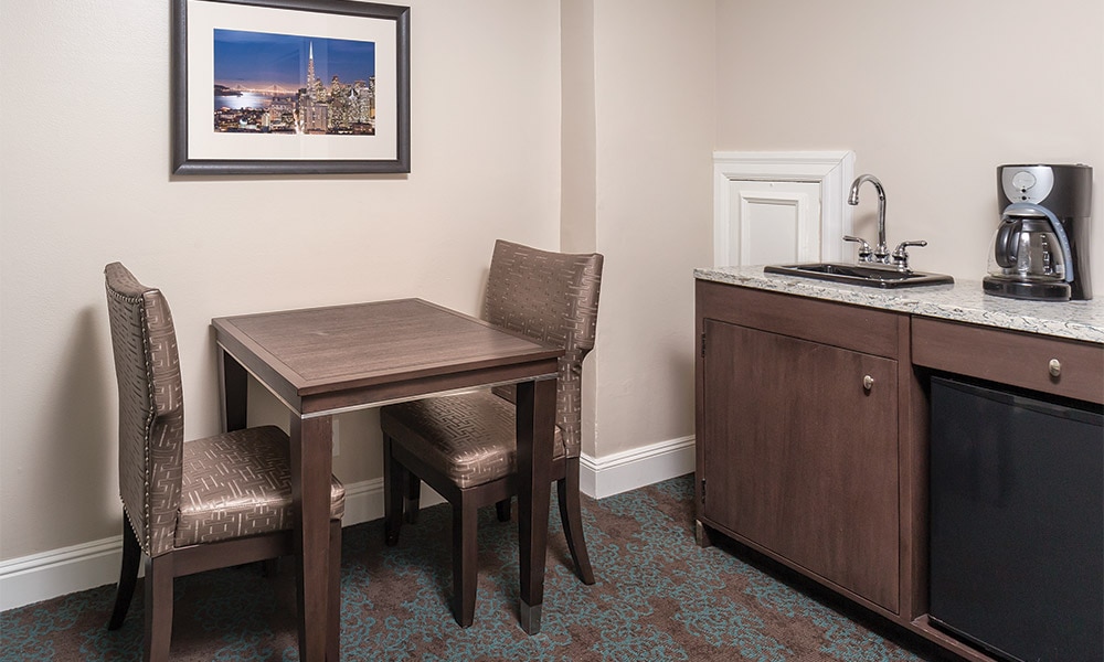 A table for two in the dining area of a standard suite at WorldMark San Francisco.
