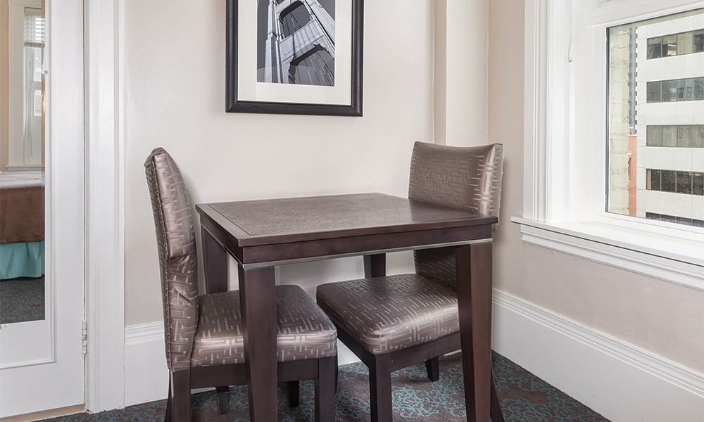 A table for two in the dining space of a studio suite at WorldMark San Francisco.