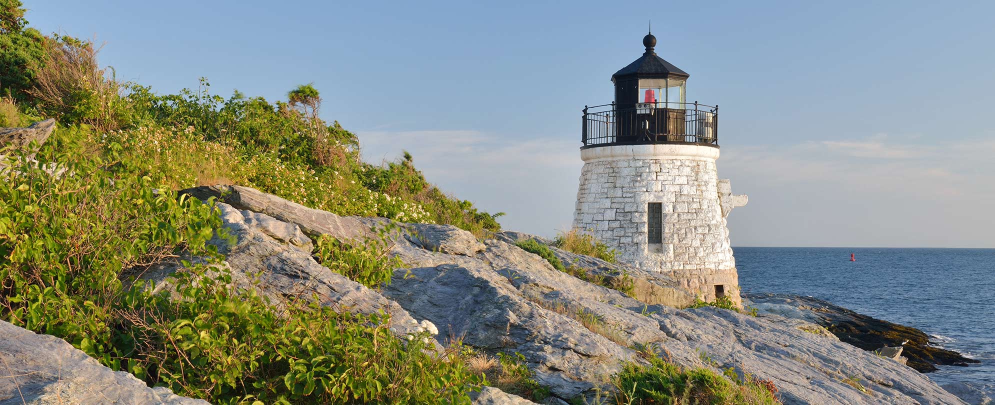 The Castle Hill Lighthouse, located on Narragansett Bay in Newport, Rhode Island.