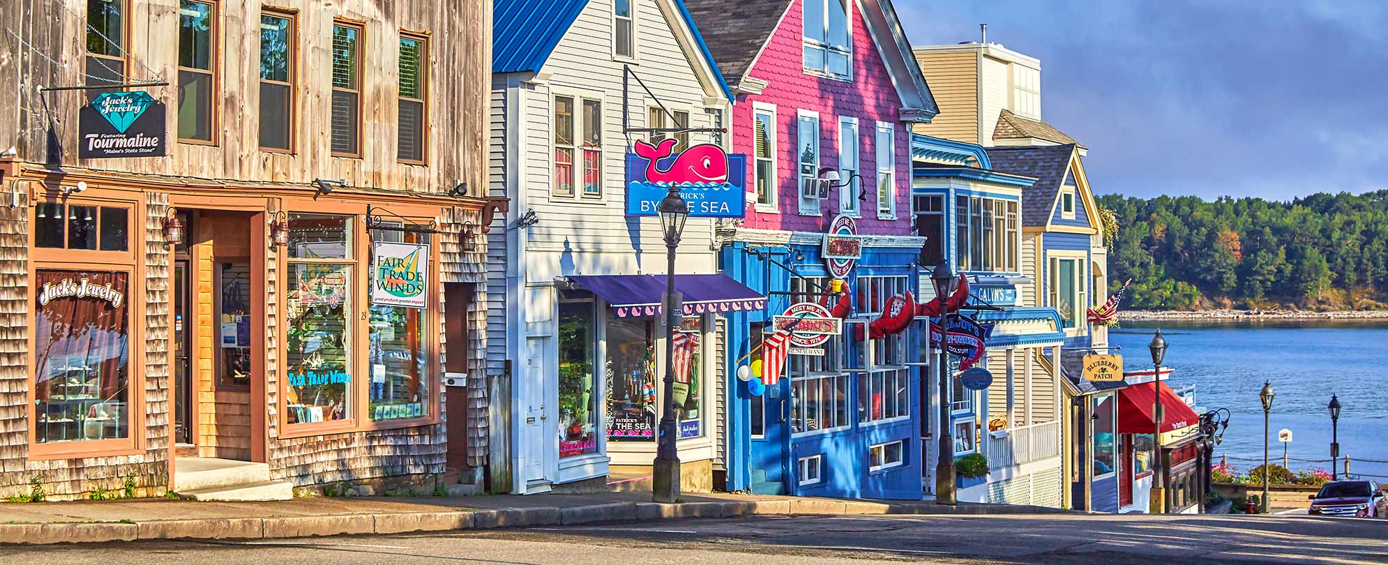 Storefronts in downtown Bar Harbor, a port stop on a Canada New England cruise.