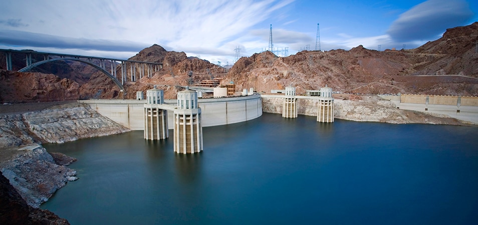 The Lake Mead National Recreation Area and the Hoover Dam shown from above.
