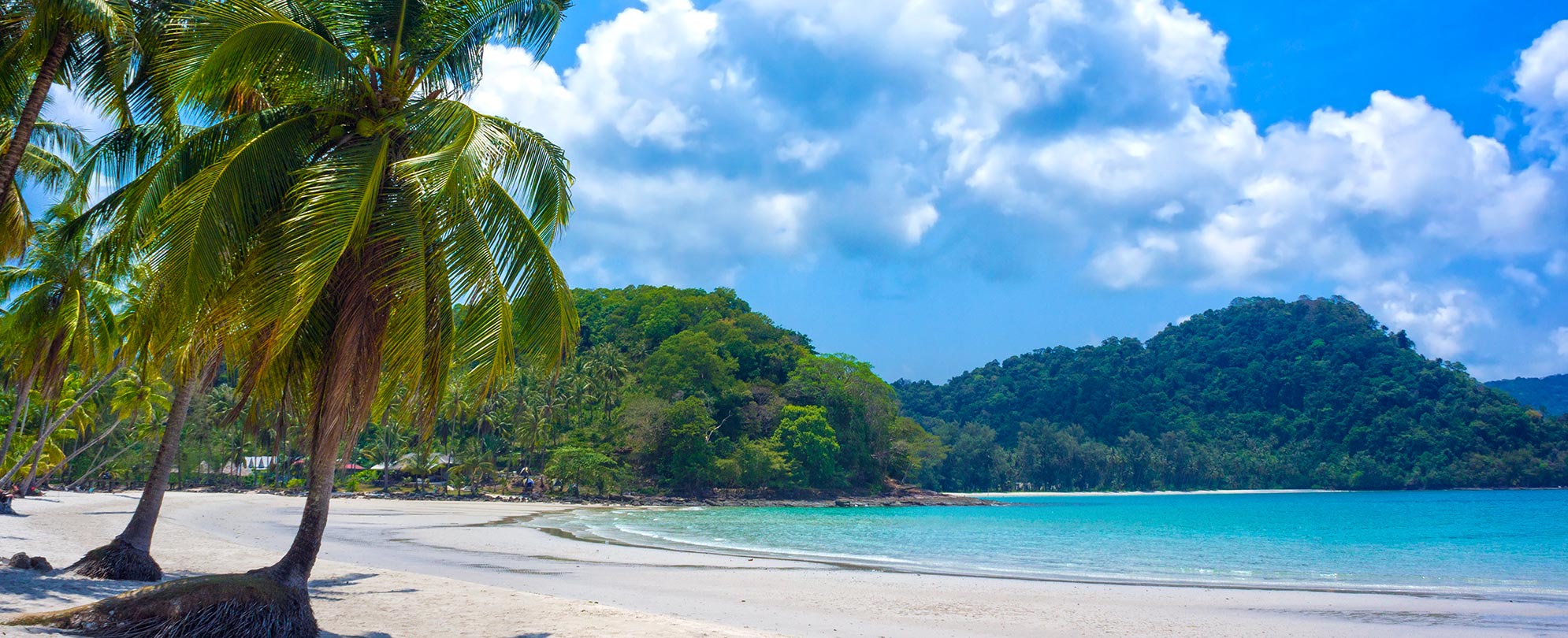 A serene beach with palm trees, clear turquoise waters, and lush green hills under a bright blue sky filled with fluffy clouds.