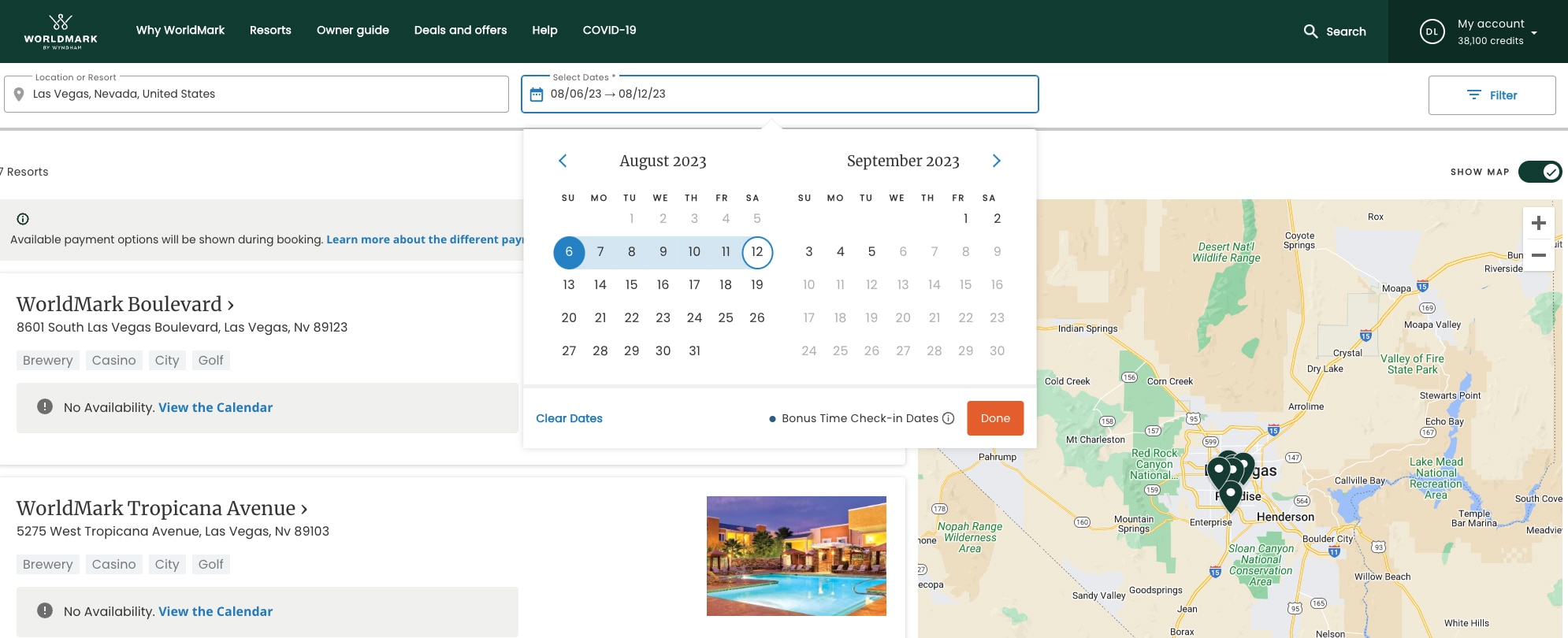 Calendar search availability function on the WorldMark owner website