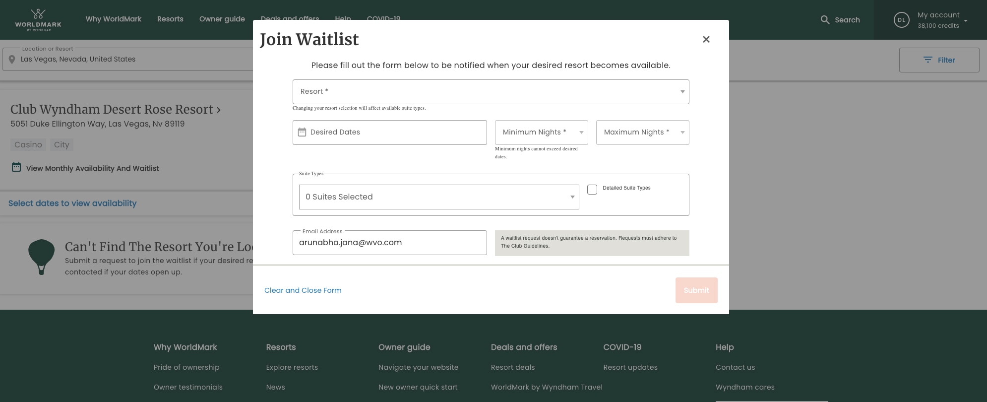 View of the Waitlist request form on the WorldMark owner website