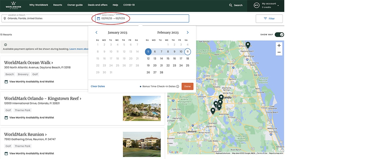 Explore Resorts screenshot with date selection.