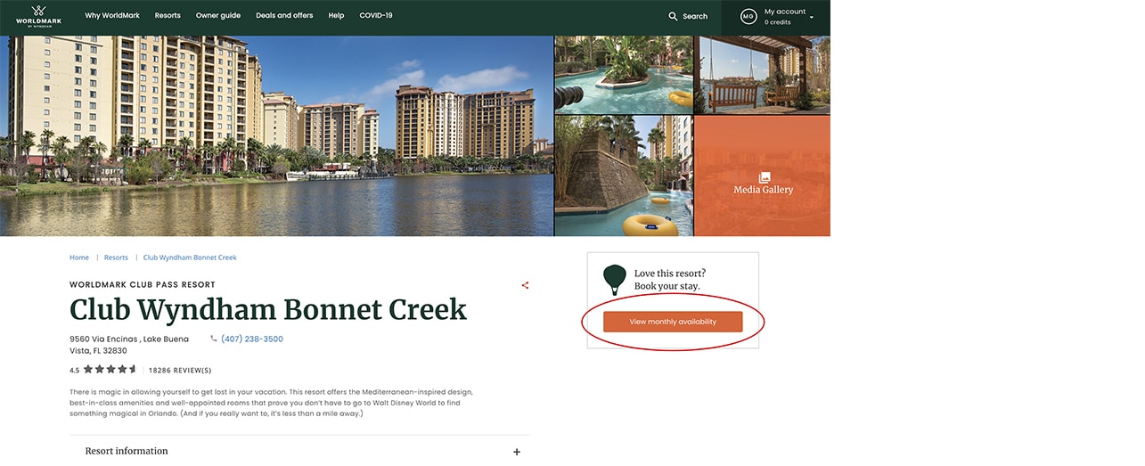 Resort page screenshot with View Monthly Availability button circled.