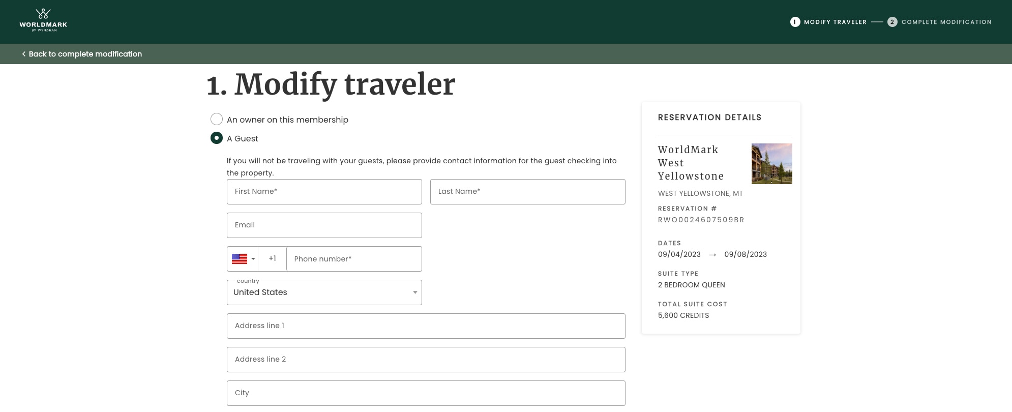 Expanded view of traveler info section of booking page with fields for contact information on the WorldMark owner website