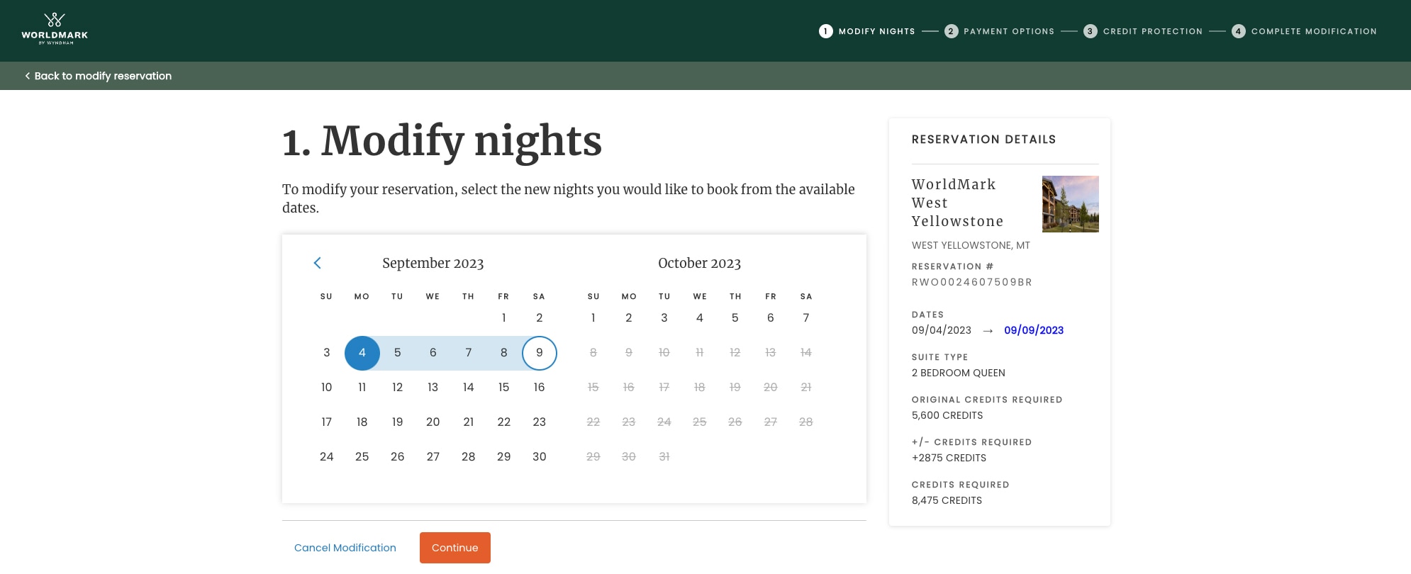 View of Modify nights monthly calendar search function on WorldMark owner website
