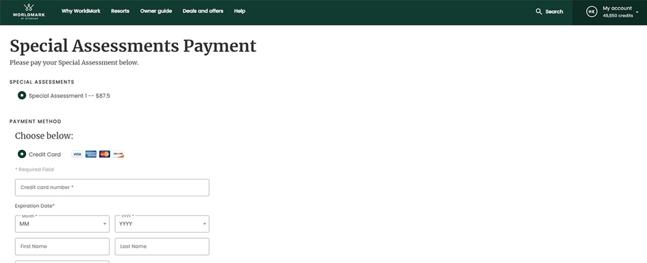 Special Assessment payment page with "Special Assessments" option selected