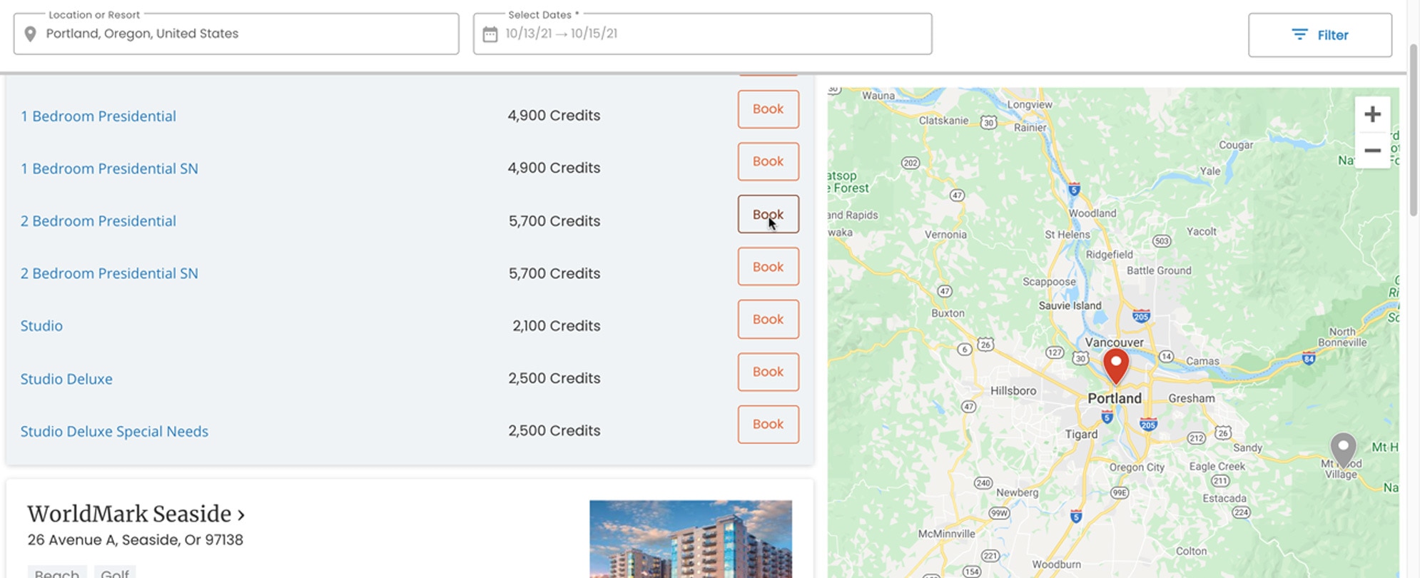 A booking flow to select a resort and suite type with a map that has a pinpoint to display the location