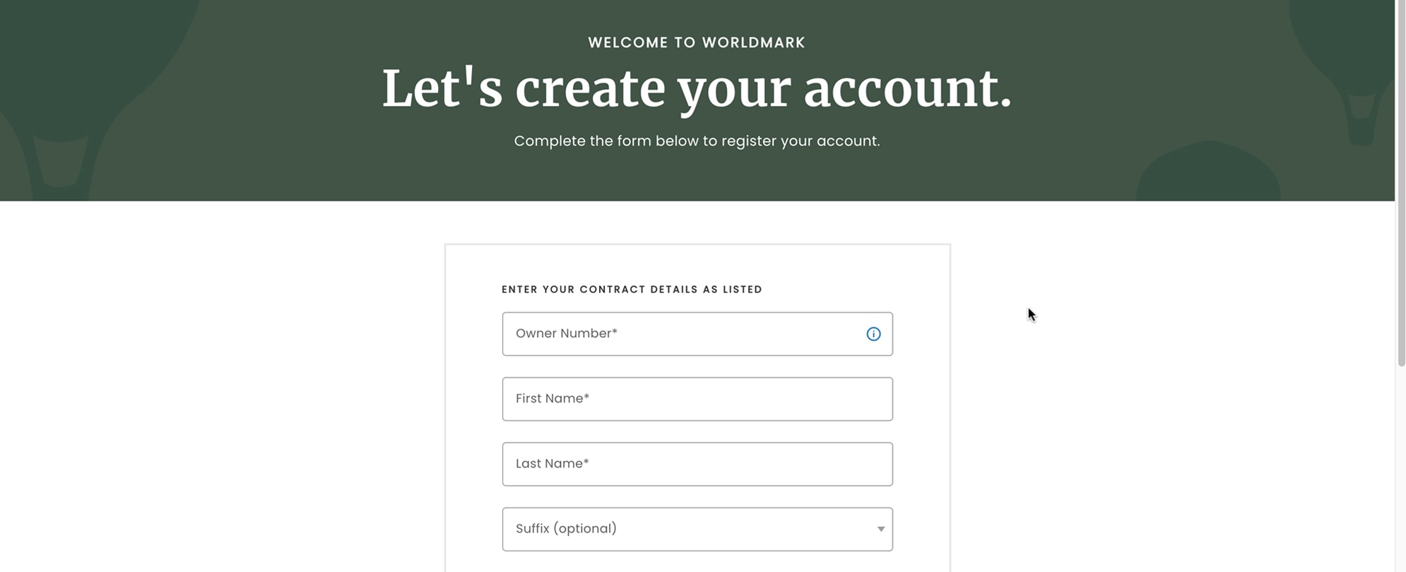 A form requesting contact information to create a WorldMark by Wyndham account