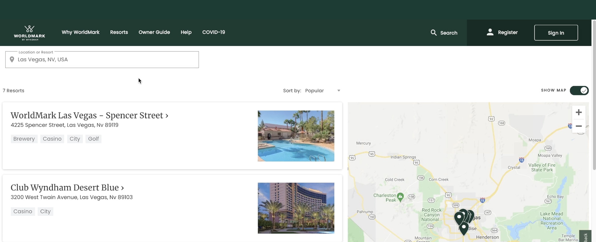 The WorldMark by Wyndham resorts page, displaying a list of resorts and a map with pinpoint. 