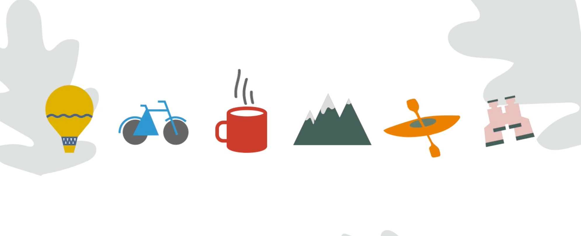 Illustrations of a hot air balloon, bike, coffee mug, mountains, kayak, and binoculars.
