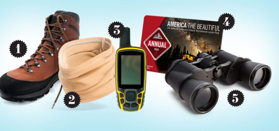 Five gift items on a light blue background: a brown hiking boot, tan neckwear buff, black and yellow satellite communicator, National Parks Annual Pass, and black binoculars.