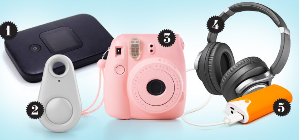 Five gift items on a light blue background: a black portable Wi-Fi box, gray luggage tracker, pink instant camera, black headphones, and an orange portable charger.