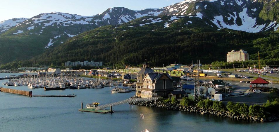 View of a waterfront town in coastal Alaska as seen from a cruise ship