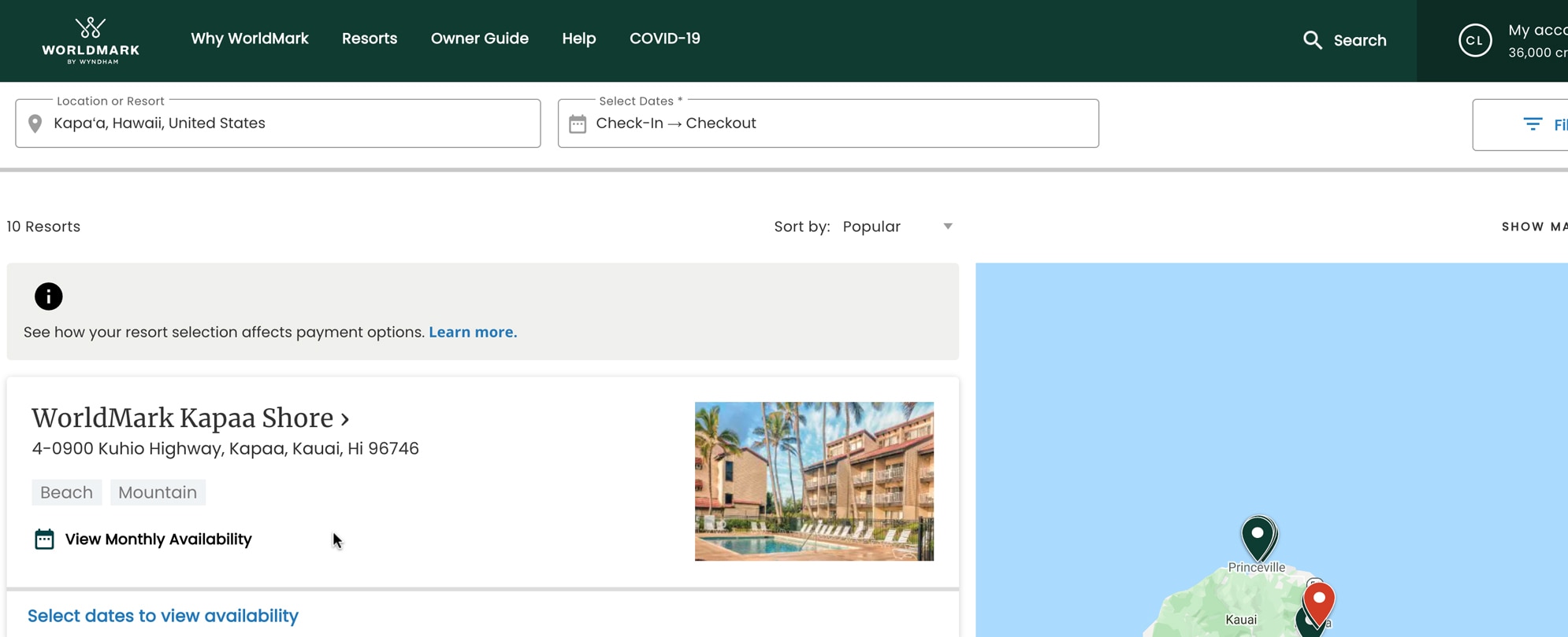A screenshot of the resorts section on the WorldMark website showing how to view availability and the resort waitlist.