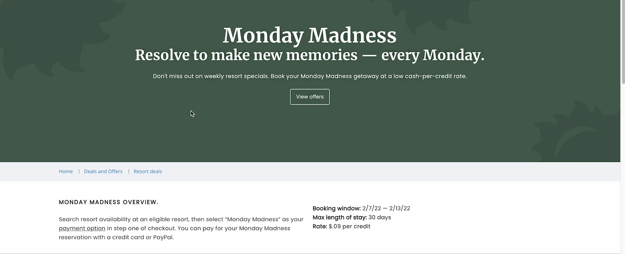 A screenshot of the monday madness webpage showing weekly resort specials for a low cash-per-credit rate.